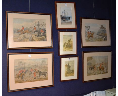 A small quantity of prints, to include four hunting related prints, print of Old Tolbooth and Holyrood Palace, Edinburgh etc 