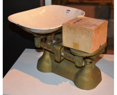 A set of vintage scales, by W&T Avery Ltd, with box of weights