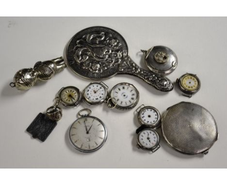 A mixed lot of silver and plated items, to include a silver compact, silver embossed hand mirror and silver watch parts etc (