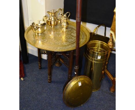 A small quantity of brass and plated wares, to include folding eastern brass top table, coal depot, stick stand, plated tea s