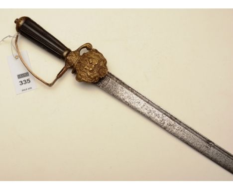 An English hunting sword circa 1700, with gilt metal pommel and hilt, reeded wood grip (repair to knuckle bow), 78cm long