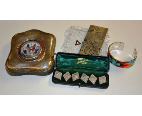 A mixed lot of collectables, to include a box set of six white metal jacket buttons, a silver mounted desk clock with later G