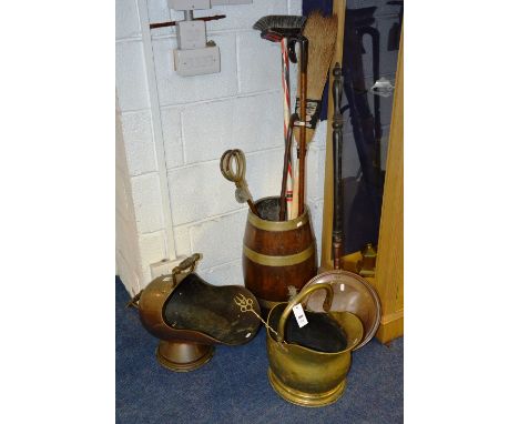 A quantity of brass and copper, comprising of two coal depots, bed warming pan, oak stick stand with contents etc