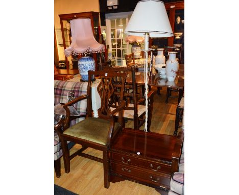 A George III style mahogany carver armchair, 104cm high x 56cm wide, together with painted wrought iron floor lamp with shade