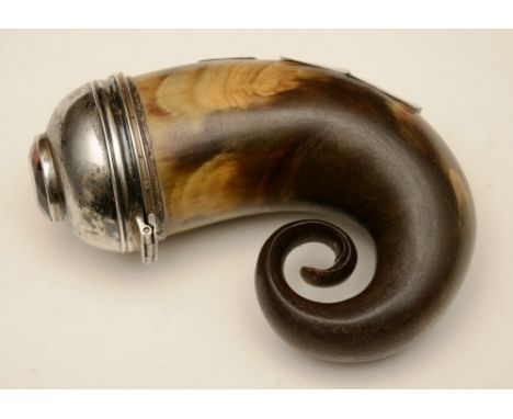 A 19th century Scottish horn and silver snuff mull, with citrine stone to top, engraved to cartouche, presented to Capt. Walk