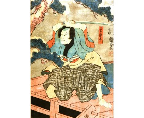 Kuniyoshi (1798-1861)
'Kabuki Scene'
Japanese woodblock print, published 1852, character marks top right, monogram lower righ