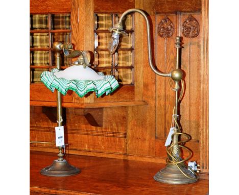 A vintage reading lamp, with green and white glass frilly shade, 50cm high, together with a similar adjustable reading lamp, 