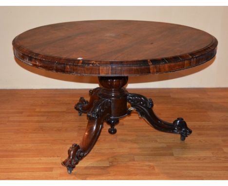 A 19th century rosewood snap top breakfast table, raised on carved tripod supports, 75cm high x 130cm wide