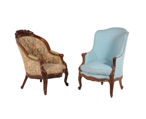 
	
		A Victorian mahogany and blue upholstered armchair, circa 1870, and another Victorian mahogany and tapestry style uphols