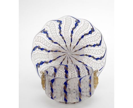 
	
		A set of eight Venetian glass fingerbowls and stands, 20th century in the manner of Salviati, white Zanfirico lattice fi