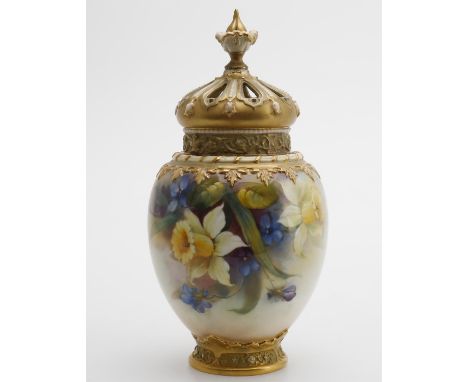 
	
		A Royal Worcester Rose pot-pourri vase painted by Ethel Spilsbury, pierced cover and liner, date code for 1925, painted 