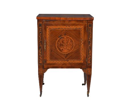 
	
		A North Italian figured walnut and marquetry commode, probably Milanese, late 18th century, incorporating green stained 