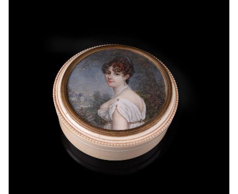 
	
		Y&nbsp;An ivory circular box and cover, the cover with a beaded border and inset with an early 19th century French portr