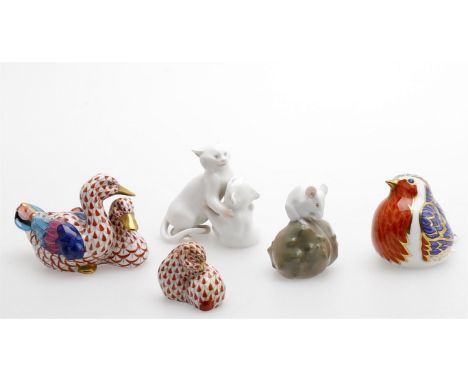 
	
		Porcelain animalier figures to include Herend twin duck group, rust red fish scale colourway, painted marks, 7cms high, 