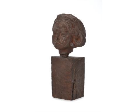 
	
		A sculpted and stained clay bust of a maiden, modern, loosely modelled overall and mounted to a rectangular wooden plint