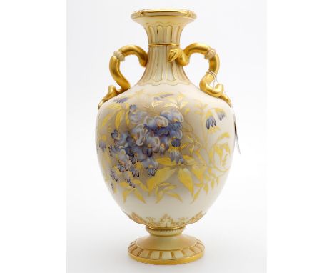 
	
		A Royal Worcester Snake-handled vase, printed and painted with wisteria, shape no. 1430, circa 1891, 30.5cm high
		
		Co