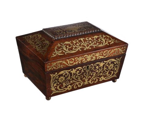 
	
		Y&nbsp;A Regency rosewood and brass marquetry inlaid work box, circa 1820, 17cm high, 27cm wide, 20cm deep
		
		Conditio