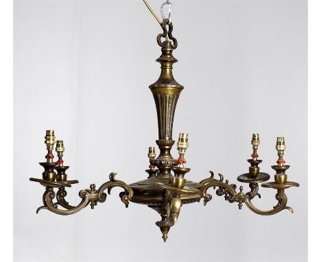 
	
		A gilt metal six light chandelier in the Louis XVI taste, 58cms high.
		
		Condition Report: 
		Rubbed throughout- one s