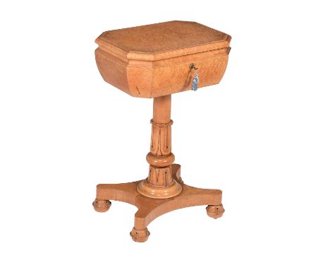 
	
		A William IV bird's-eye maple teapoy, circa 1835, in the manner of Gillows, the lid enclosing a fitted interior with two