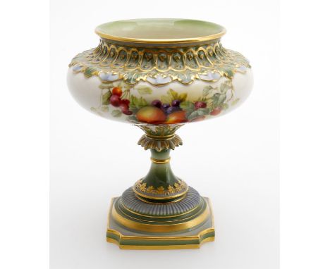 
	
		A Royal Worcester pedestal vase, circa 1905, painted with apples, strawberries and cherries, possibly by Chivers but uns