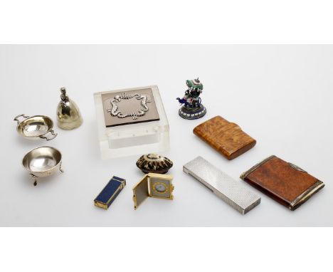 
	
		Decorative table ware including a Dupont long table lighter, 14cms long; Dunhill blue lapis lighter, Pequinet travel wat