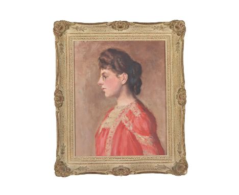 
	
		British School (20th century)
		Portrait of a lady in side profile wearing glasses
		Oil on canvas laid down to board 
	