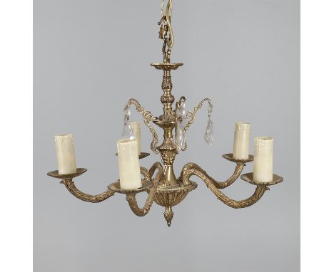 
	
		A gilt metal and cut glass five light chandelier, 39cms high.
		
		Condition Report: 
		
		Has been in storage and not u