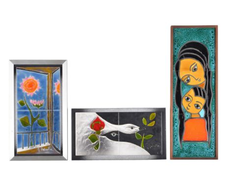 
	
		Gilbert Valentin (French, 1928-2001) for Atelier Les Archanges, Vallauris, two two-tile pictures, of a sun and flower th