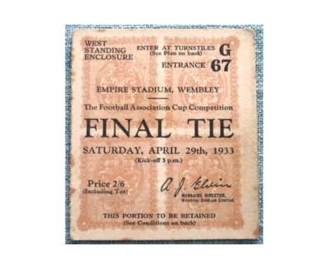 1933 FA CUP FINAL EVERTON V MANCHESTER CITY ORIGINAL TICKET
Few small marks