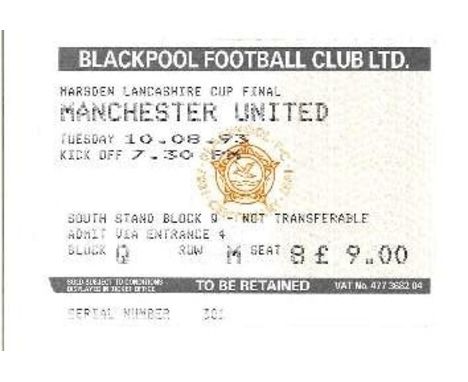 1993 BLACKPOOL V MANCHESTER UNITED LANCASHIRE CUP FINAL TICKET
10-8-93 in good condition&nbsp;