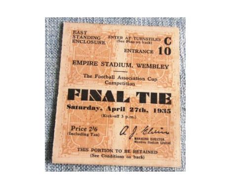 1935 FA CUP FINAL SHEFFIELD WEDNESDAY V WEST BROMWICH ALBION ORIGINAL TICKET
Good for age