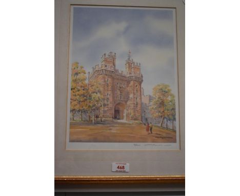 *Local Interest - After Mario Ottonello (1929-2012, Italian), coloured print, Lancaster Castle, signed to the lower right, li