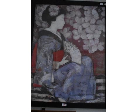 20th Century Japanese School, coloured print, A seated Geisha girl with fan, framed and under glass, measuring 58cm x 79cm, &