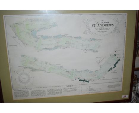 A framed coloured print of the Old Course at St Andrews golfing interest measuring 54cm x 74cm