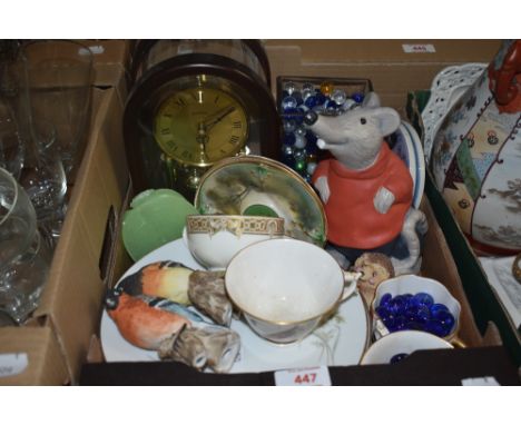 A miscellaneous selection of items including a vintage domed Schmeckenbecher mantel clock, a large quantity of coloured glass