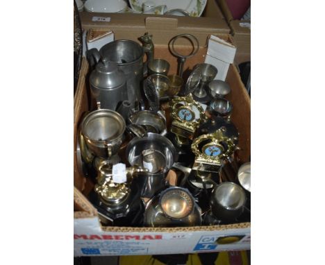 Approximately six vintage trophies, a HM stamped walking stick collar, a hunting theme pewter tankard having a stylised fox h