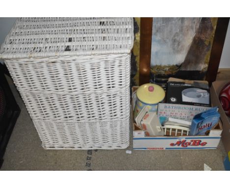 a miscellaneous selection of items including a tall bathroom hamper, a large biscuit jar, a Westfield Art Pottery-Sponge ware