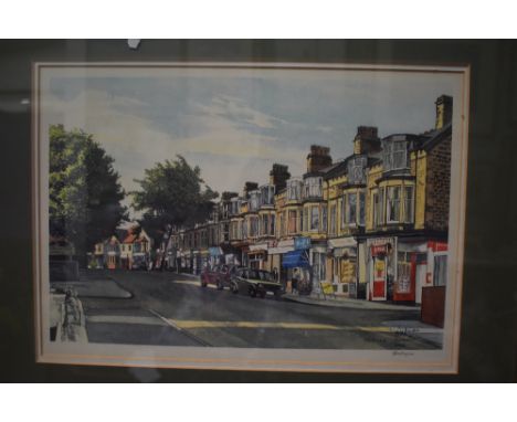 A coloured print of Princes Crescent in Bare signed Dakyne measuring 36cm x 44cm