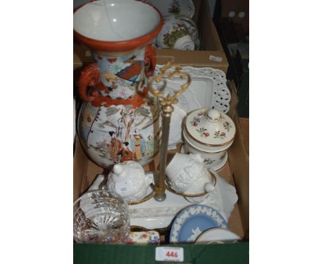 A Royal Worcester pin dish and match holder having muted floral decoration, a Jasperware pin dish, a Portmeirion Ware lidded 