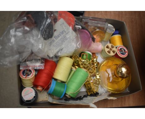 A small amount of assorted haberdashery items including threads, beads and buttons etc sold alongside four gold tone commemor