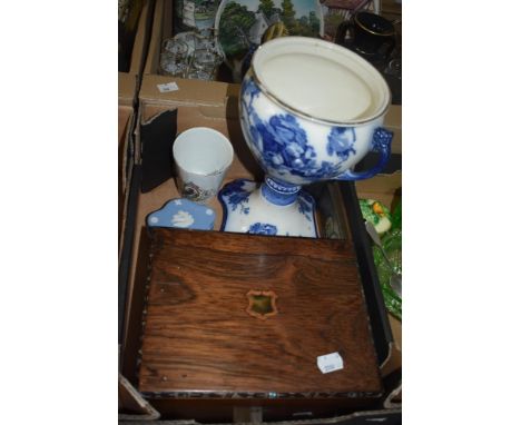 A mahogany lined keepsake box inlaid with Mother of Pearl, three items of Wedgwood Jasperware, a gold plated ladies watch and