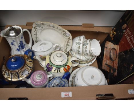 A Minton 'Adam' part tea service (20 pieces), six assorted vintage tea and coffee pots, and two books one being a Catalogue D