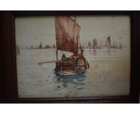 After Frank H. Mason (1875/6-1965, British), print, A maritime landscape with masted boat to the foreground, signed and dated
