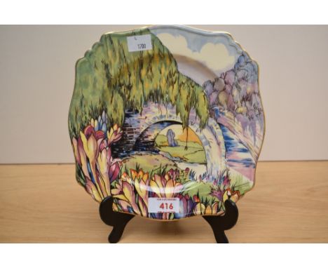 A brightly patterned transfer printed and hand coloured Art Deco design plate, having bridge and crocus pattern, thought to b
