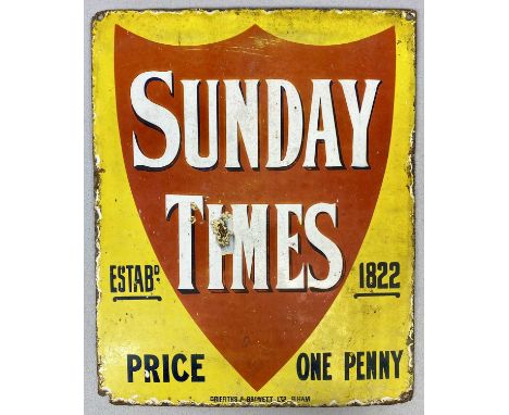 VINTAGE ENAMEL ADVERTISING SIGN Sunday Times, red shield with white lettering against a yellow ground with black lettering, E