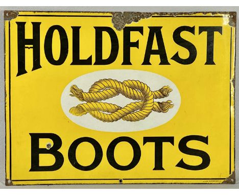 VINTAGE ENAMEL ADVERTISING SIGN FOR HOLDFAST BOOTS with black lettering and single line border, yellow ground, central white 