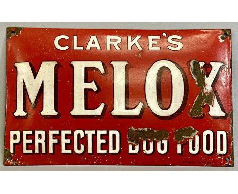 VINTAGE ENAMEL ADVERTISING SIGN, Clarke's Melox Perfected Dog Food, cushion effect sign, white lettering on a red ground, Bur