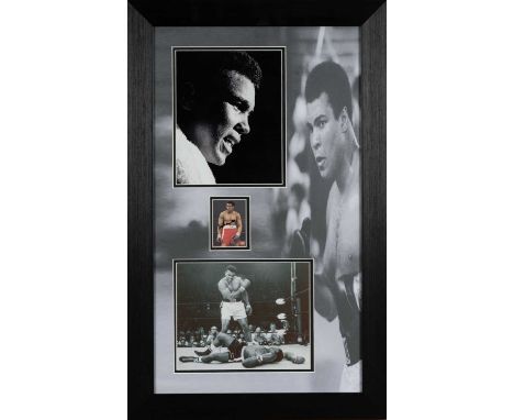 MUHAMMAD ALI FRAMED PHOTOGRAPHIC MONTAGE, coloured hand signed boxing card 68 x 39cmsProvenance: private collection Cardiff, 