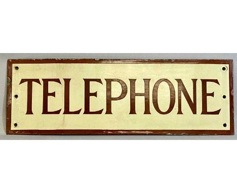 VINTAGE ENAMEL ADVERTISING SIGN, Telephone, brown lettering and border, cream ground, 20.5 x 61cms,Provenance: private collec