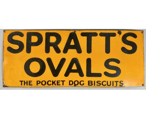 VINTAGE ENAMEL ADVERTISING SIGN Spratts`s Ovals The Pocket Dog Biscuits, black lettering, orange ground, 30.5 x 76cmsProvenan